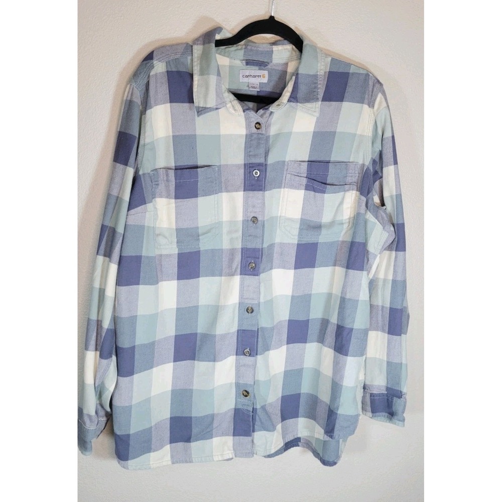 Carhartt‎ Rugged Flex Relaxed Fit Plaid Button Down Shirt Womens 2X Blue